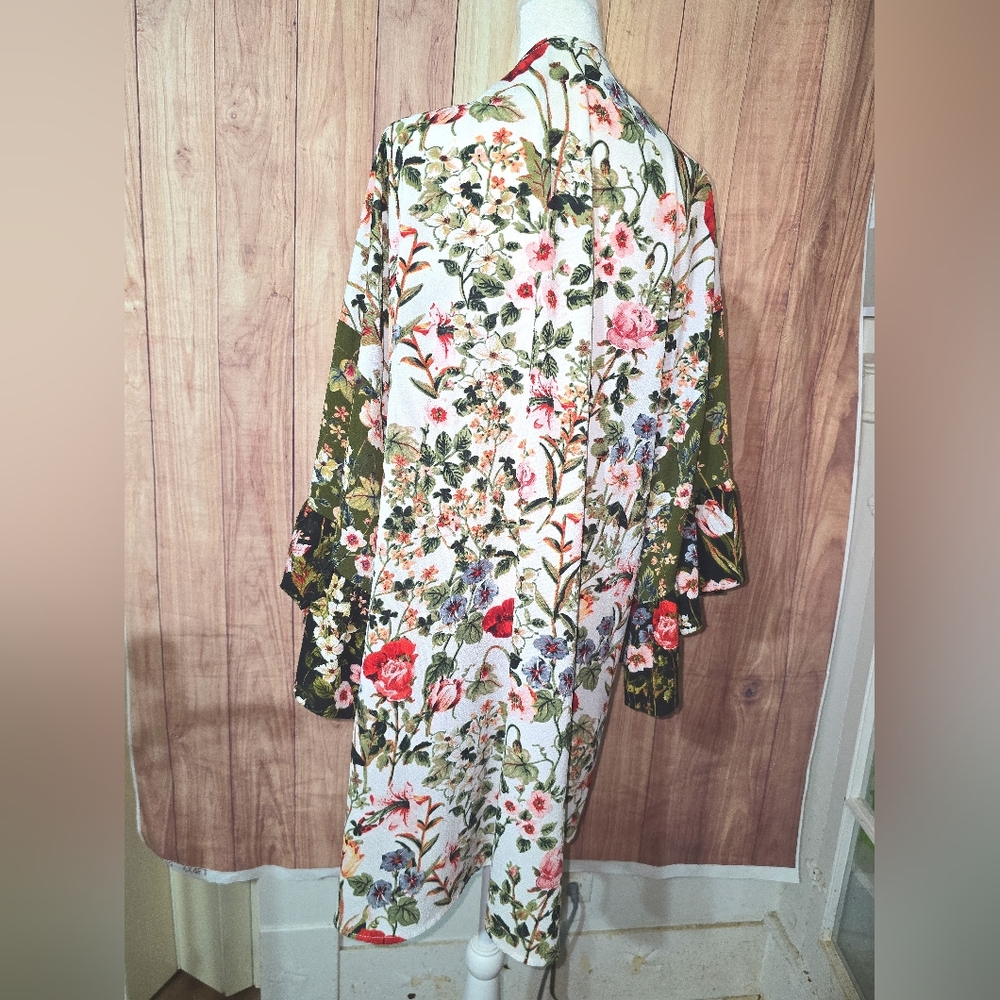 Umgee Floral Ruffle Sleeve  Long Duster Kimono Open Front  Multi-Color  Size M/L - Picture 2 of 12